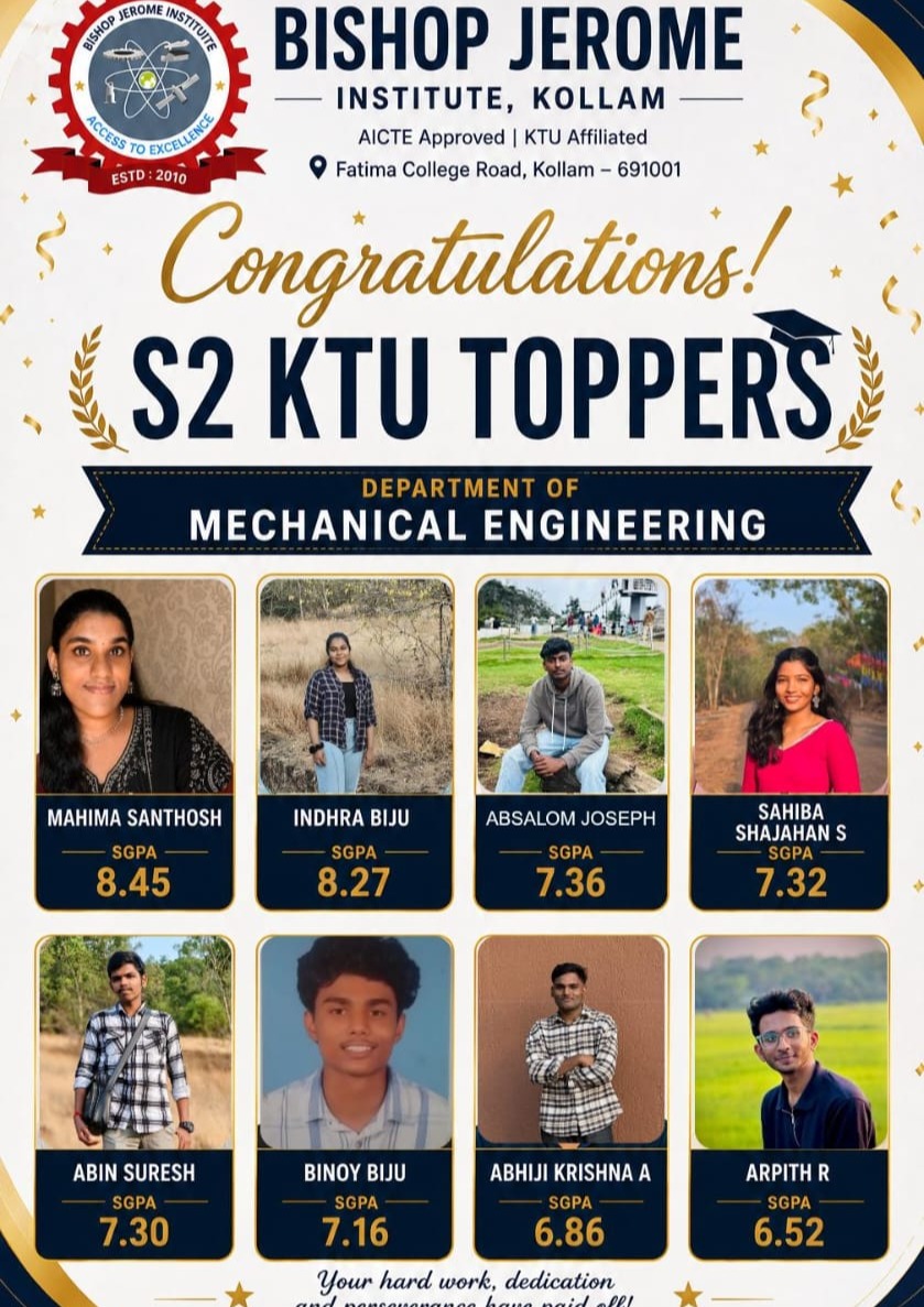 Celebrating Excellence: Bishop Jerome Institute S2 KTU Toppers from Mechanical Engineering Department